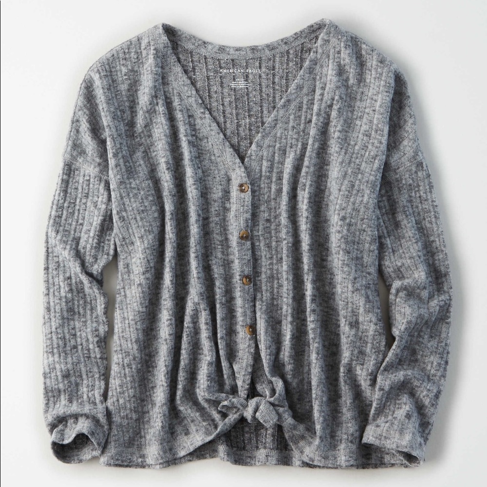 AE Soft Plush Tie Front Long Sleeve Shirt